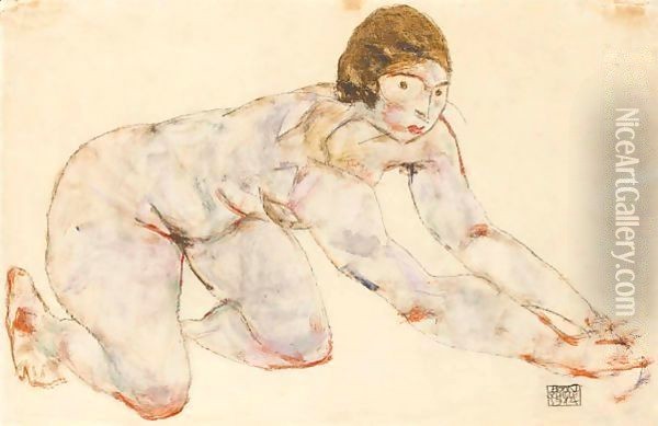 Kniender Weiblicher Akt (Crouching Female Nude) Oil Painting - Egon Schiele