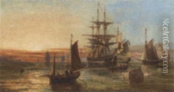 A Busy Anchorage At Dusk Oil Painting - John Callow