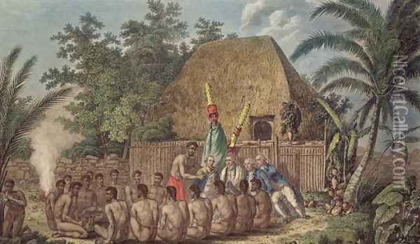 An Offering before Captain Cook in the Sandwich Islands, plate 60 from 'A Voyage to the Pacific Ocean' by James Cook, engraved by Samuel Middiman and John Hall, 1784 Oil Painting - John Webber