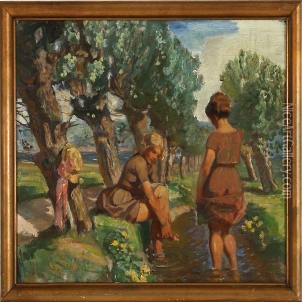 Girl Playing In A Ditch Near Willows Oil Painting - Carl Christian Forup