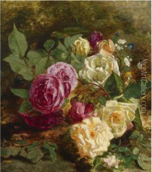 A Still Life With Roses Oil Painting - Adriana-Johanna Haanen