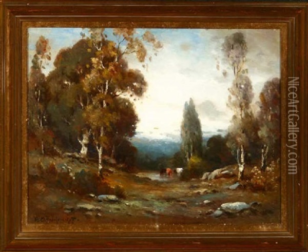 Cattle Watering In A Wooded Landscape Oil Painting - Alexis Matthew Podchernikoff