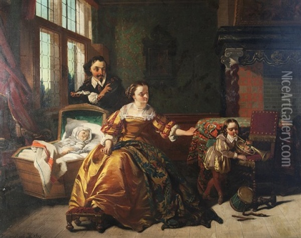 Familie In Hofischem Interieur Oil Painting - Casimir Van Den Daele