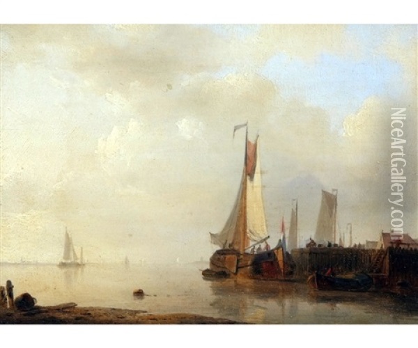 Dutch Harbour With Figures And Fishing Boats Oil Painting - Abraham Hulk the Elder