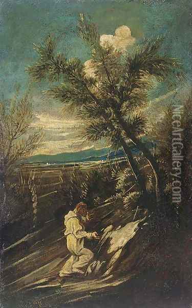 A hermit monk praying in a landscape Oil Painting - Alessandro Magnasco