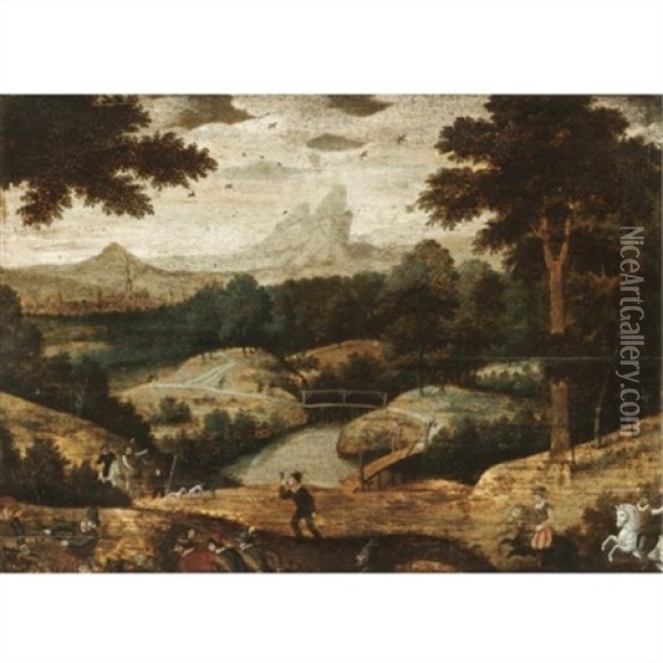 A Mountainous Landscape With Huntsmen Oil Painting - Abel Grimmer