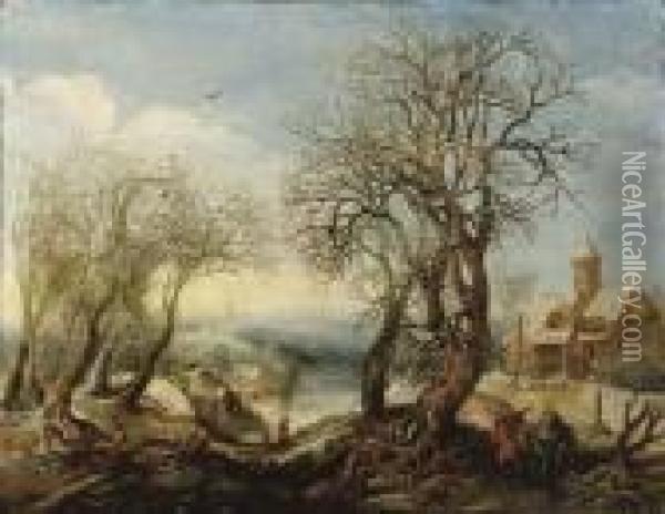 An Extensive Winter River Landscape With The Flight Into Egypt Oil Painting - Denys Van Alsloot