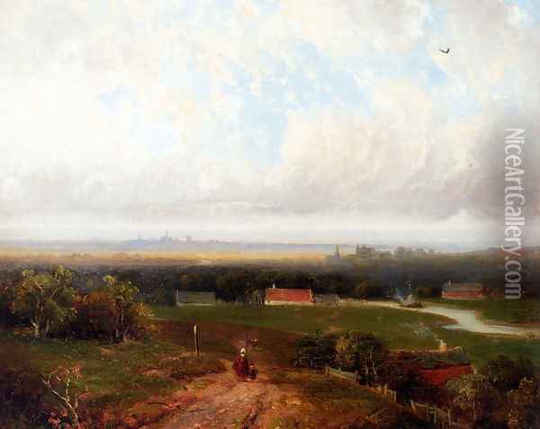 A Panoramic View Of Haaelem With Figures On A Track In Kraantje Lek In The Foreground Oil Painting - Pieter Lodewijk Francisco Kluyver