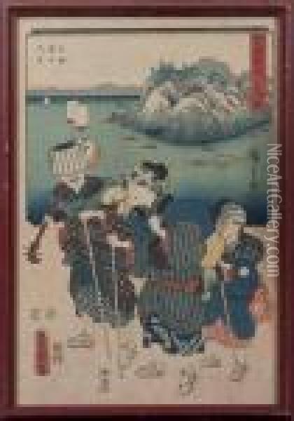 Scene A Trois Personnages Oil Painting - Kunisada
