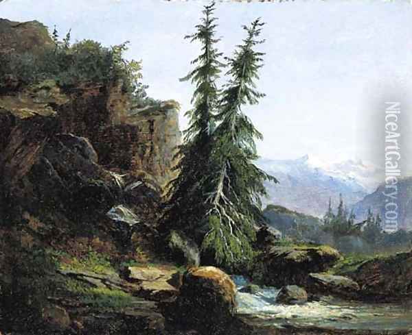 A view of the Swiss mountains of the Valais Oil Painting - Alexandre Calame