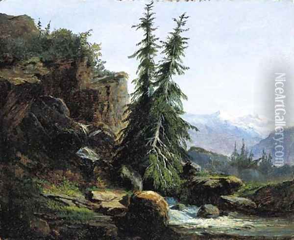 A view of the Swiss mountains of the Valais Oil Painting - Alexandre Calame