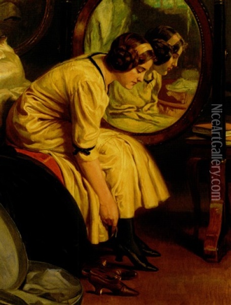 Junges Madchen In Gelbem Kleid Probiert Die Neuen Schwarzen Schuhe Oil Painting - Raimund Germela