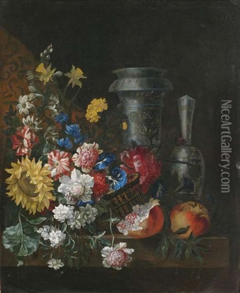 Blumen- Und Fruchtestilleben Mit Prunkgefasen Auf Einem Steinpodest Oil Painting - Jean-Baptiste Belin de Fontenay the Elder