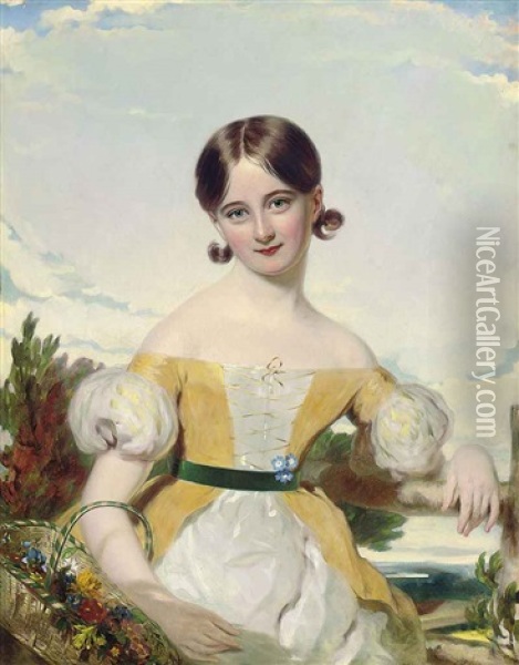 Portrait Of A Young Girl In A Yellow And White Dress, With A Green Sash, Holding A Basket Of Flowers, A Landscape Beyond Oil Painting - William Patten Jr.