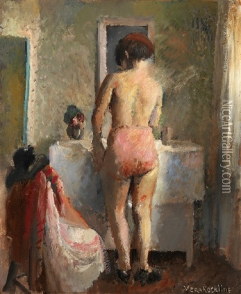 By The Mirror Oil Painting - Vera Rockline
