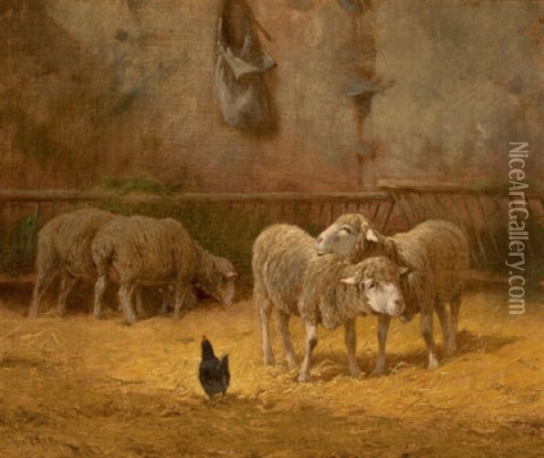 Barn Interior With Sheep Oil Painting - Charles H. Clair