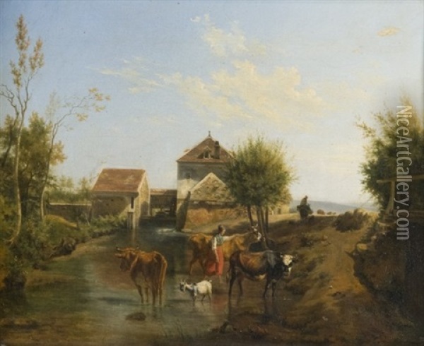Le Passage Du Gue Devant Un Moulin A Eau Oil Painting - Jean-Louis Demarne