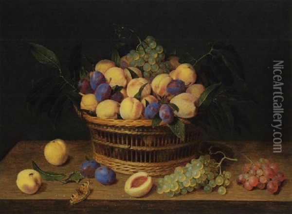 A Still Life Of Plums, Peaches And Grapes In A Basket On A Table With A Tortoise Shell Butterfly Oil Painting - Jacob van Hulsdonck