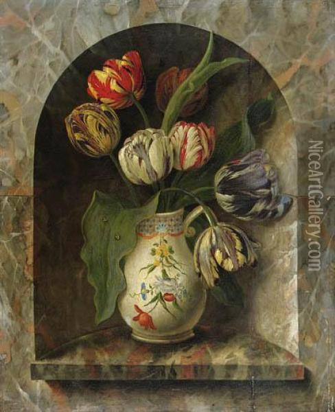 Parrot Tulips In A Jug On A Stone Ledge In An Alcove Oil Painting - Michel Joseph Speeckaert