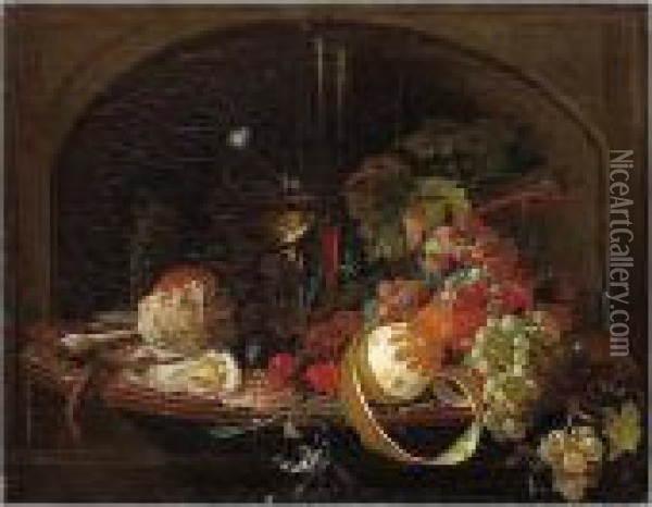Still Life Of A Peeled Lemon, 
Grapes, An Orange, Cherries And Walnuts, Together With A Roemer, Bread 
Roll, Oysters, A Clay Pipe And A Taper, Arranged Upon A Folding Wooden 
Leaf Oil Painting - Abraham Mignon