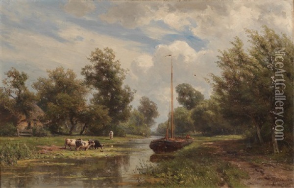 Cows Grazing On The Canal Bank Oil Painting - Jan Willem Van Borselen