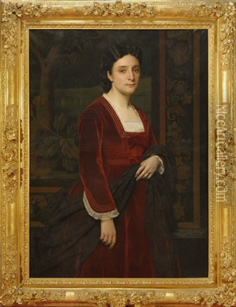 Portrait De Femme A La Robe Rouge Oil Painting - Michel Dumas