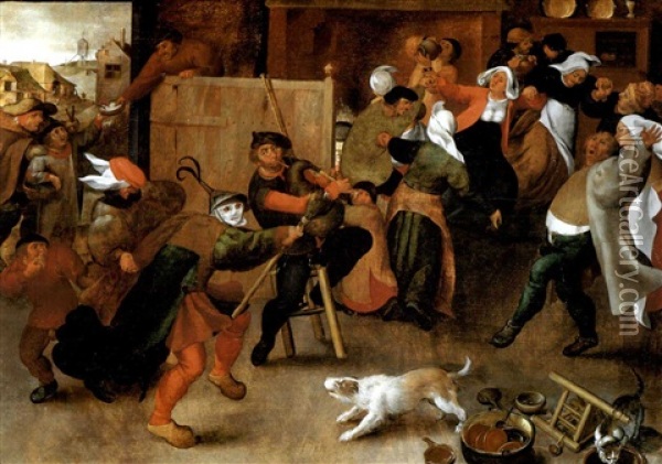 Peasants Singing, Dancing And Drinking In An Interior Oil Painting - Marten van Cleve the Elder
