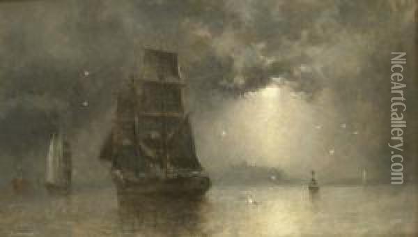 Shipping Off Whitby By Moonlight Oil Painting - Richard Weatherill