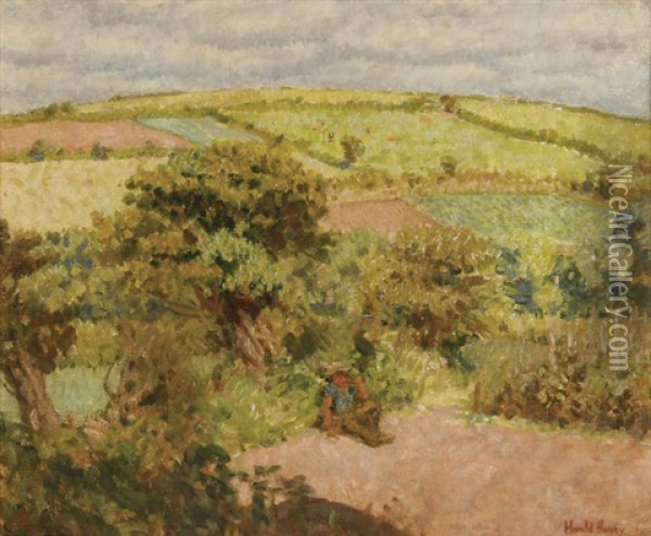 Expansive Summer Landscape With Resting Figure Oil Painting - Harold Harvey