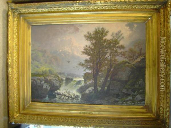 Paysage A La Cascade Oil Painting - H.E. Delorme