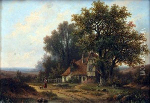 Country Landscape, Cottage Beyond Oil Painting - Hendrik Pieter Koekkoek