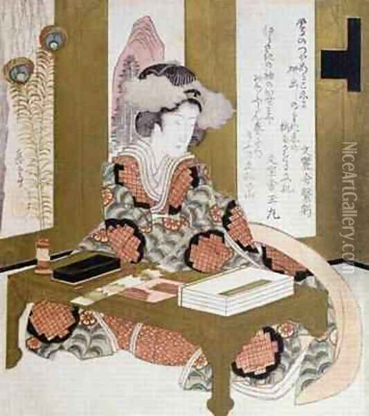 The Poetess Bijin at her Calligraphy Table Oil Painting - Yashima Gakutei
