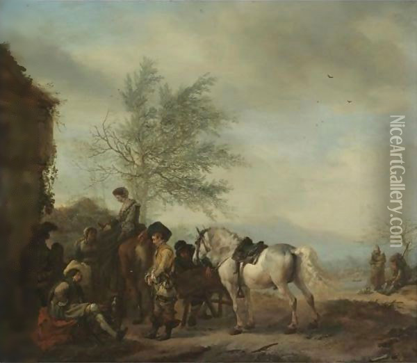 A Lakeside Halt With Travellers Resting Oil Painting - Philips Wouwerman