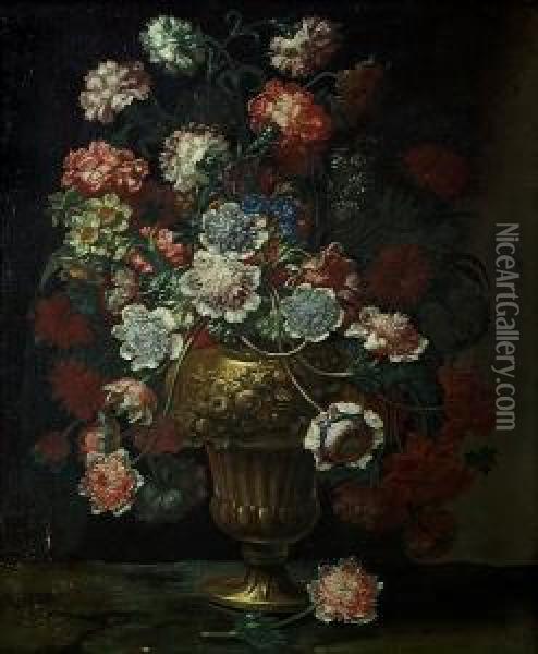 Carnations, Narcissi, Cornflowers, Poppies And Other Flowers In A Bronze Urn On A Ledge Oil Painting - Andrea Scaccati