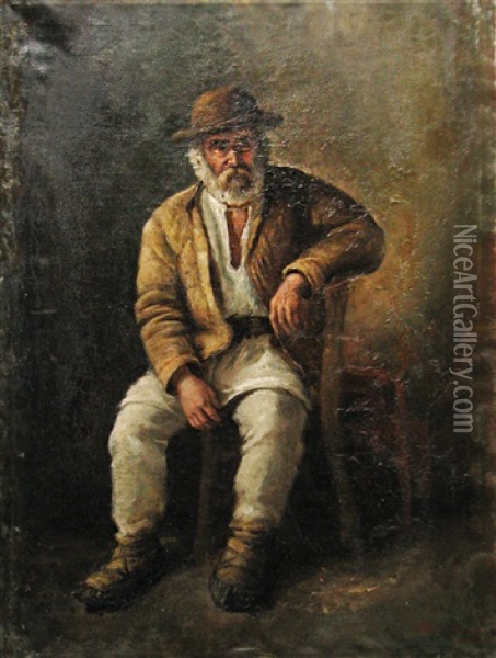 Peasant Sitting Oil Painting - Ion Marinescu-Valsan