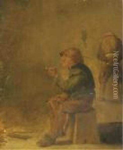 A Peasant Smoking A Pipe And Drinking Beer Near An Open Fire Oil Painting - Adriaen Brouwer