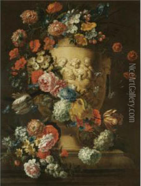 A Still Life With A Sculpted Urn
 Depicting Carousing Putti, Decorated With A Garland Of Flowers Oil Painting - Jan-baptist Bosschaert