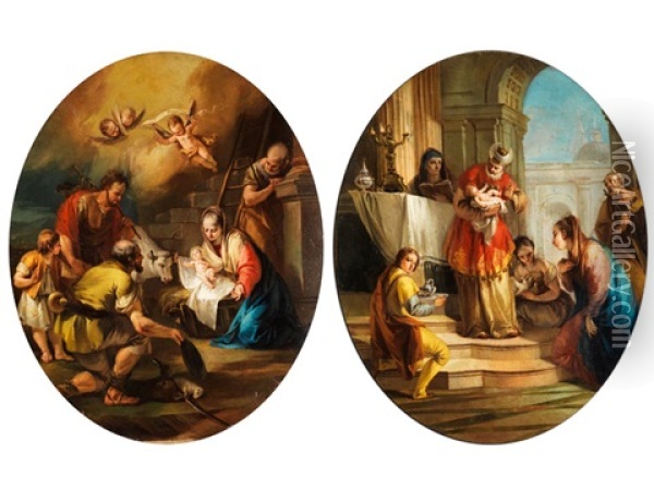 Anbetung Des Kindes Im Stall Von Bethlehem (+ Darbringung Im Tempel; Pair) Oil Painting - Francesco Zugno the Younger
