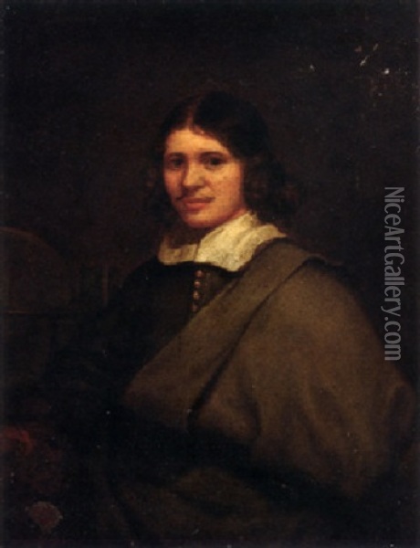 Portrait Of A Gentleman Wearing A Grey Cape, Standing By A Globe On A Table Oil Painting - Caspar Netscher