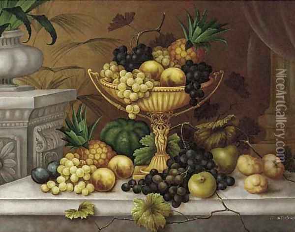 Still Life of grapes, peaches and a pineapple in an ewer on a ledge surounded by other fruit Oil Painting - Edwin Steele