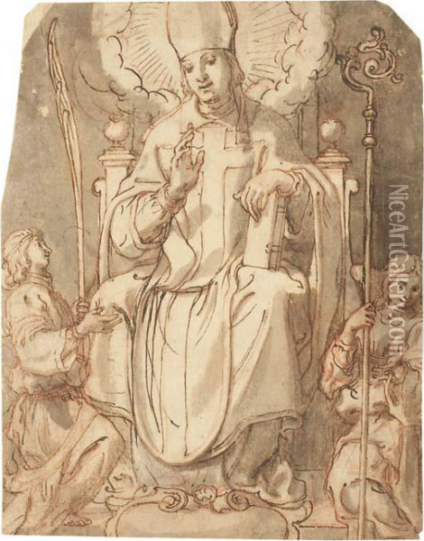 Saint Antoine Entoure De Deux Anges; Et Un Saint Eveque Sur Untrone Entoure De Deux Anges Oil Painting - Andrea Lilio