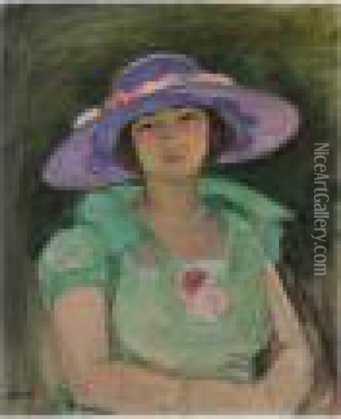 Portrait De Marthe Lebasque Au Chapeau Mauve Oil Painting - Henri Lebasque