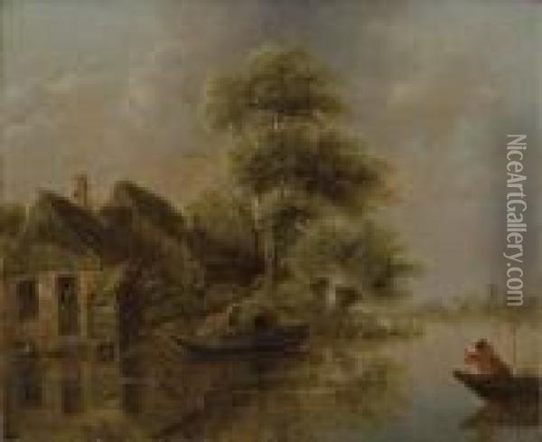 A River Landscape With Fishermen In A Boat Oil Painting - Claes Molenaar (see Molenaer)