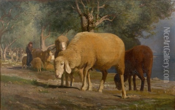 Bergere Et Ses Moutons Oil Painting - Luigi Chialiva