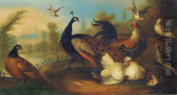 A peacock and other birds in an ornamental garden Oil Painting - Marmaduke Cradock