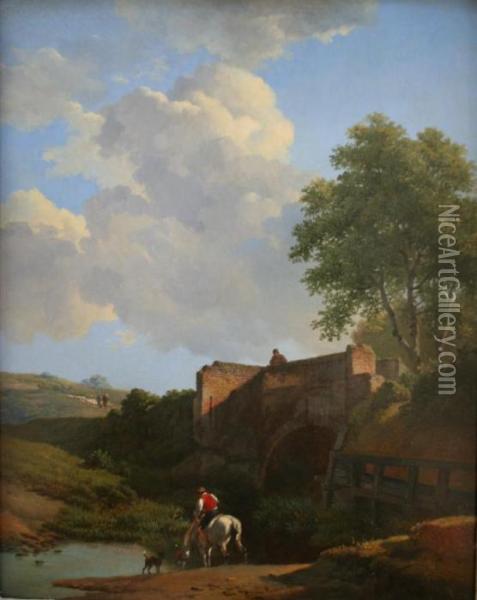 Horse And Rider Watering Beneath A Bridge Oil Painting - Eugene Joseph Verboeckhoven