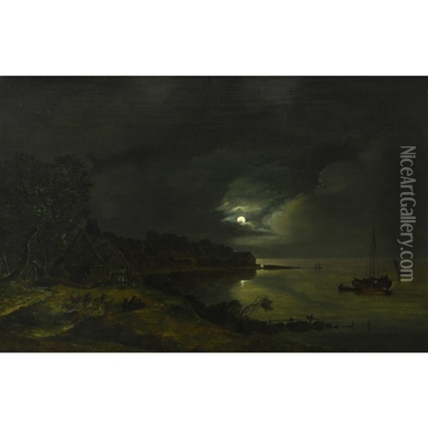 Danische Kustenlandschaft Bei Mondschein / Danish Coastal Landscape At Moonlight Oil Painting - Frederik Michael Ernst Fabritius de Tengnagel
