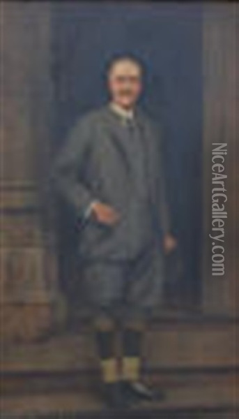 Full Length Portrait Of John Stanhope Arkwright (1872-1954) Standing In The Doorway Of Kinsham Court Herefordshire Oil Painting - Charles Prescott