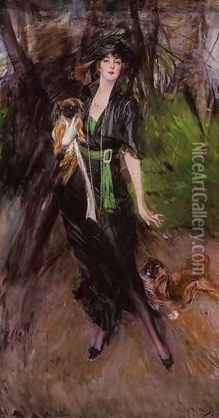 Portrait Of A Lady Lina Bilitis With Two Pekinese Oil Painting - Giovanni Boldini