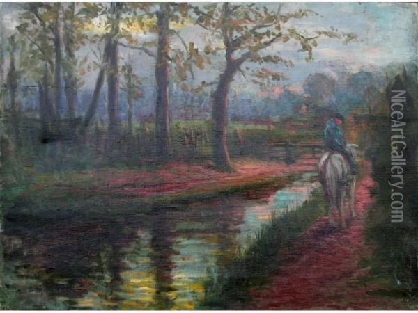 Man On Horseback On A Riverside Path Oil Painting - Gwendoline Mary Hopton